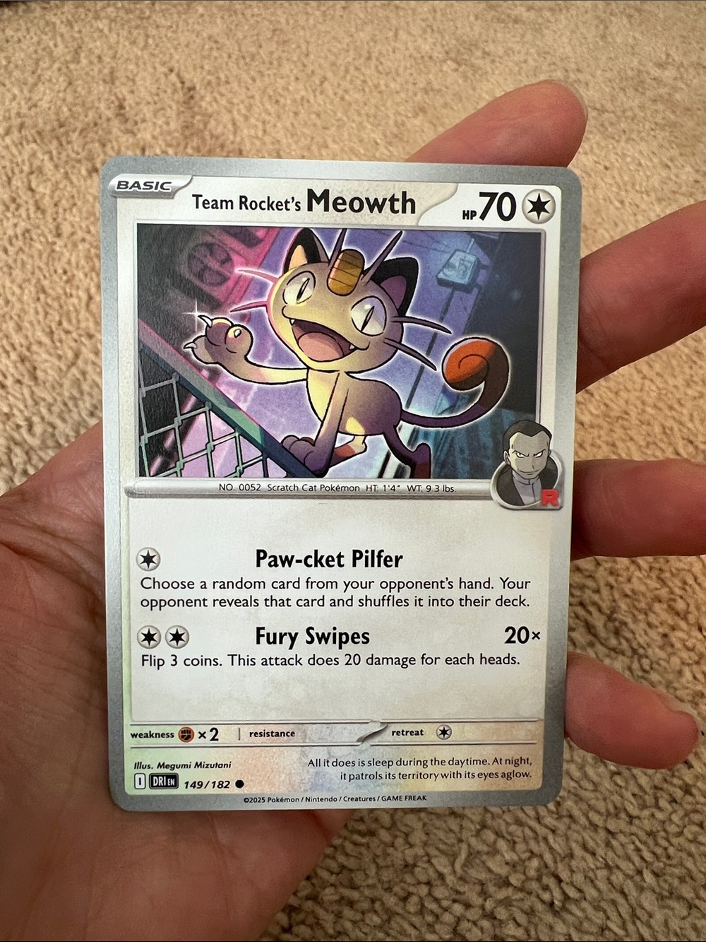 Pokemon Team Rocket's Meowth Card - White, Silver, Purple Accents